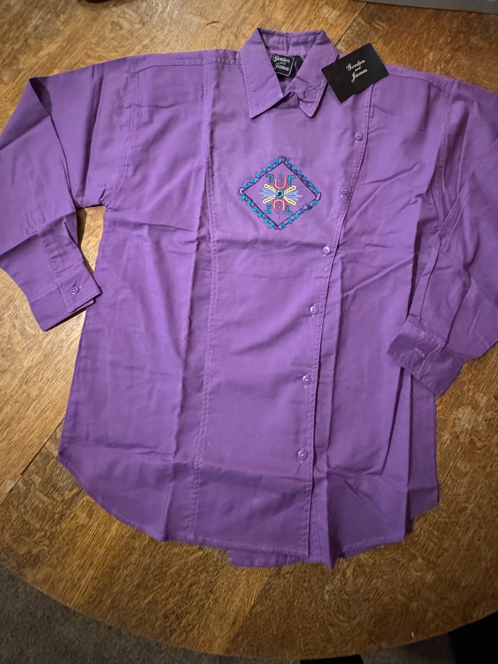 Women’s Purple Button-Up Shirt with Embroidered Chest Motif Western